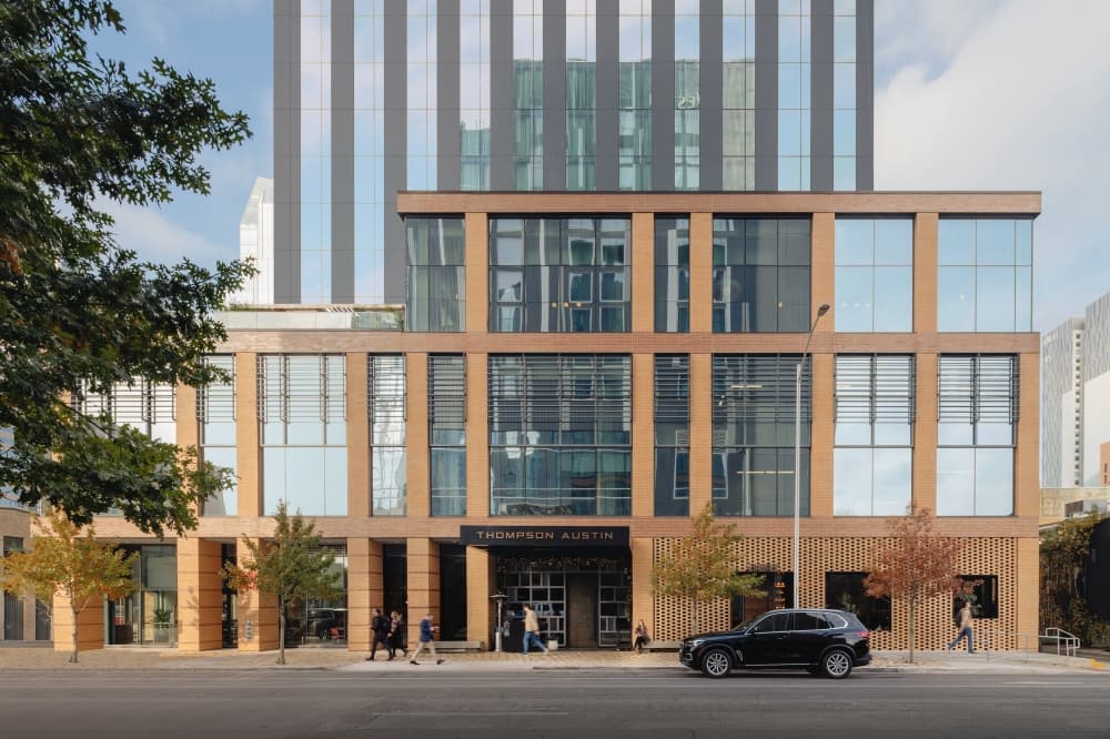 An exterior shot of the front of the hotel.