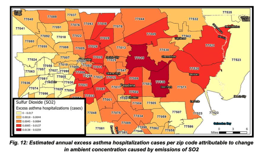 This is a ZIP code map indicating the amount of sulfur dioxide in Harris County