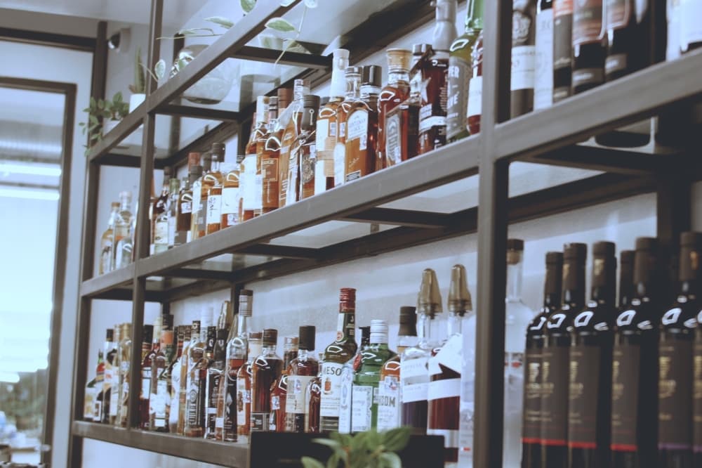bar back shelves with liquor