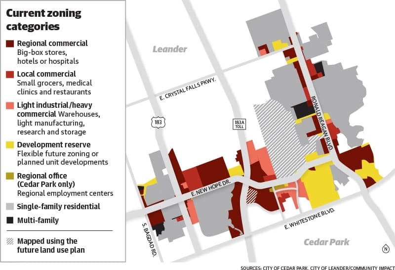 Map showing zoning along New Hope Drive and Ronald Reagan Boulevard
