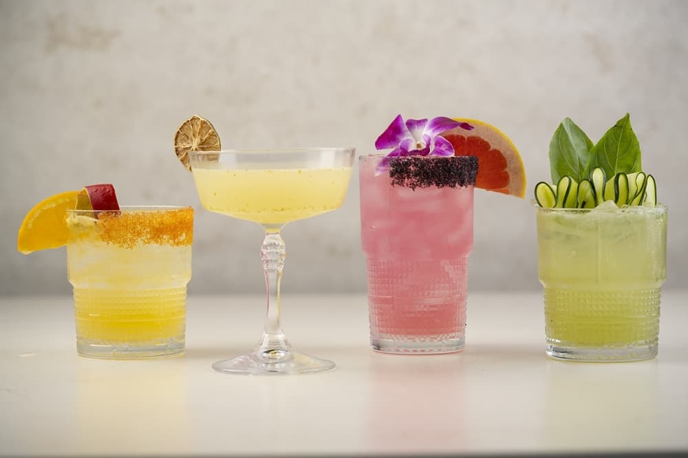 Four glasses of different shapes and sizes are shown holding a variety of cocktails.
