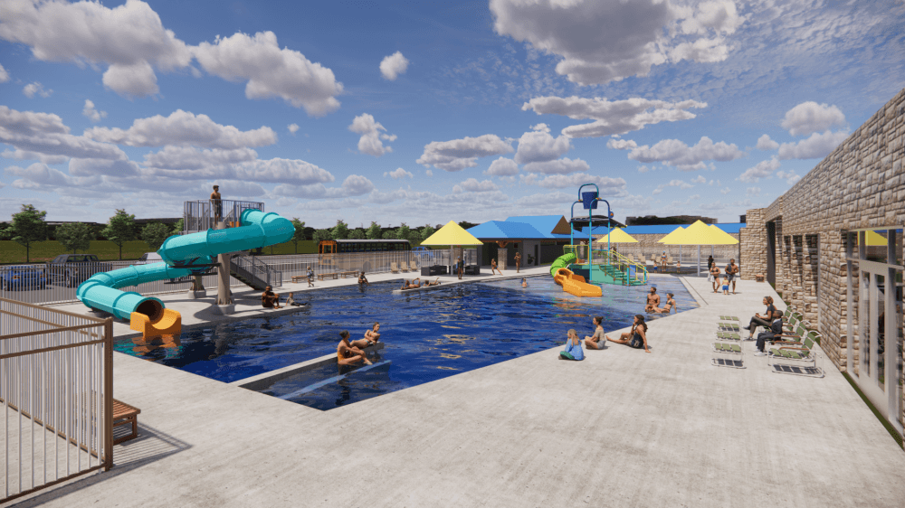 A rendering of the new pool shows slides, a lounge space and a cabana