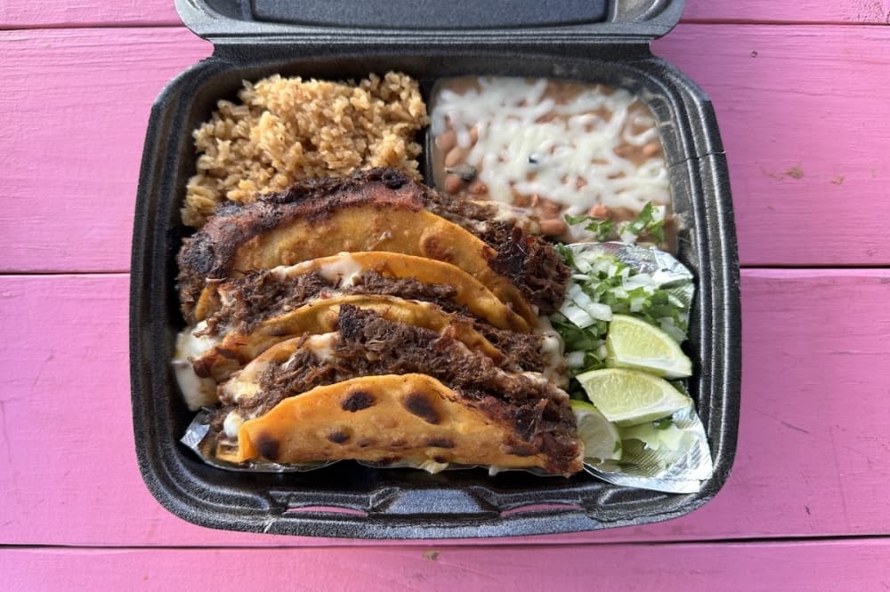 Birria tacos with rice and beans