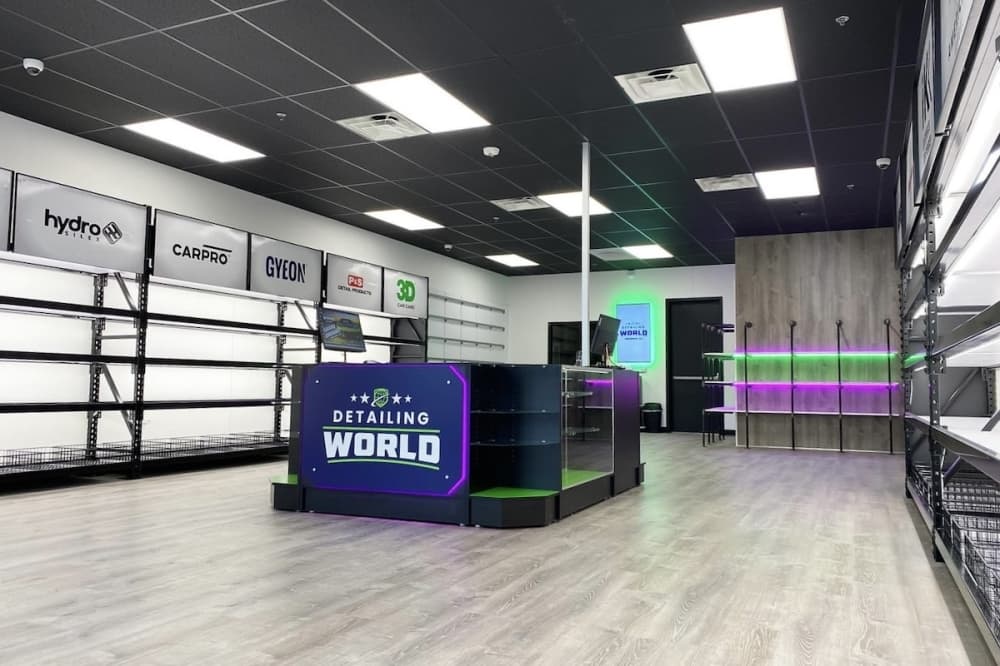 an empty store with shelves