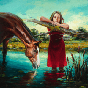 A painting of a girl and a horse