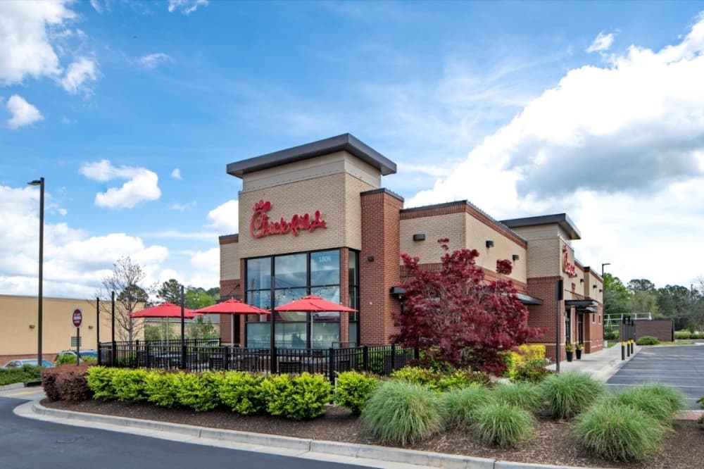 A photo showcasing the outside of a Chick-fil-A restaurant