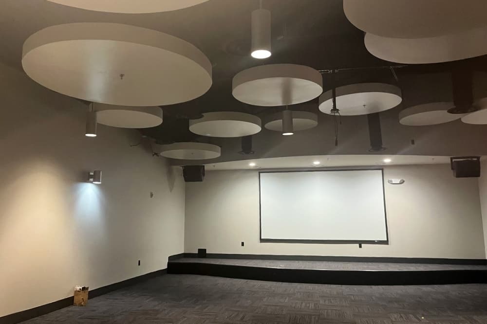 room with a projector screen