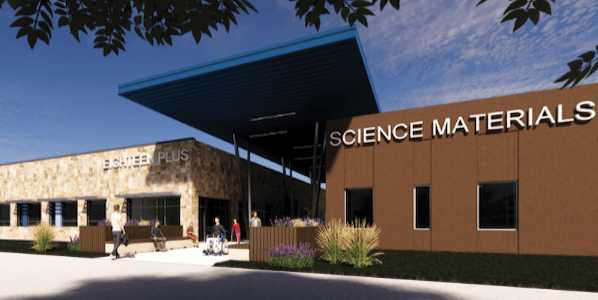 A rendering of the 18+ Transition Services Building and Science Materials Center with a covered awning between