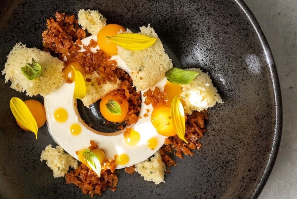 A colorful plate is shown with yellow flower petals, white mousse, orange honey crumble and green basil on white sponge cake pieces.