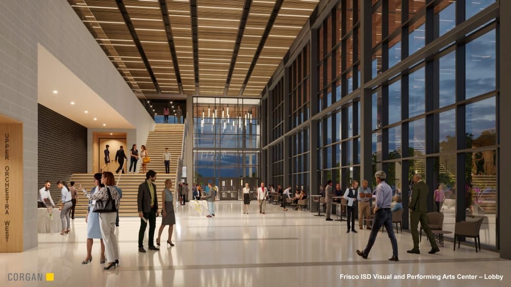 The visual and performing arts center will feature a large lobby for crowds to congregate before and after performances. (Rendering courtesy Frisco ISD)