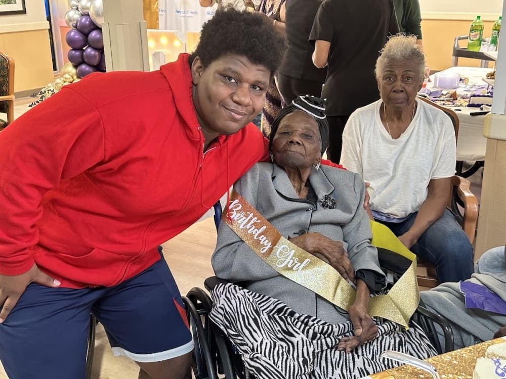 Ruby Lee' Willard's great-great nephew poses for a photo with her.