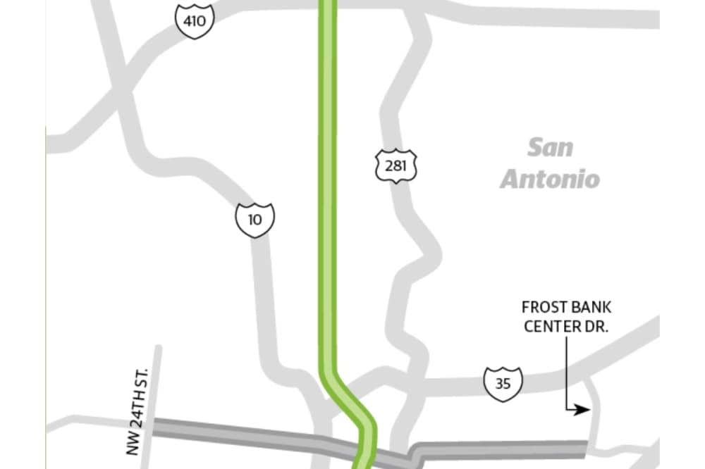 The Green Line—a north-south corridor—and the Silver Line—a west-east corridor—will be dedicated, high-frequent bus routes marked with multiple pickup/drop-off platforms and fare kiosks. The Green Line will connect the San Antonio International Airport on the north side and the Spanish colonial missions on the south side; the Silver Line will link the Our Lady of the Lake University area on the west side and the Frost Bank Center area on the east side. (Source: VIA Community Transit/Community Impact)