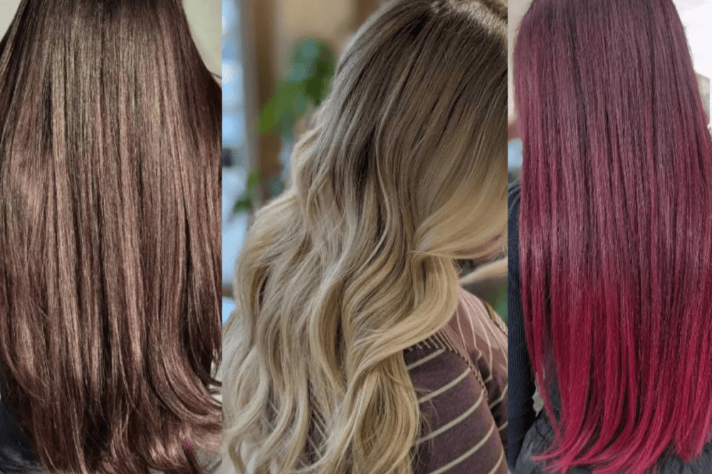 The hair of three women is shown, one red, one blonde and one brunette.