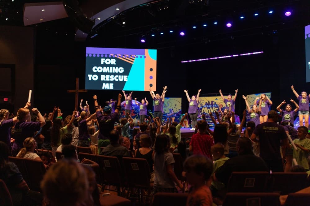 A crowd at a Vacation Bible School camp