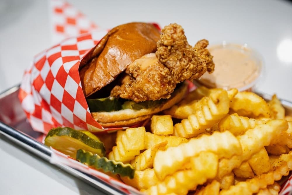 Bird Haus hot chicken sandwich and fries