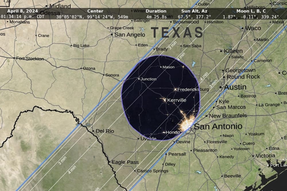 The path of totality passing San Antonio and New Braunfels.  (Courtesy NASA)