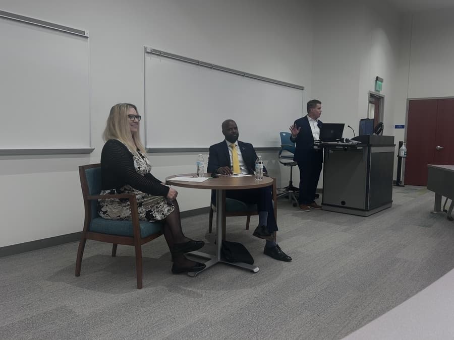 Candidates in the Pearland City Council Position 4 race and the Pearland ISD board of trustees Position 6 race took part in a debate April 3 facilitated by the Pearland Chamber of Commerce. (Haley Velasco/Community Impact)