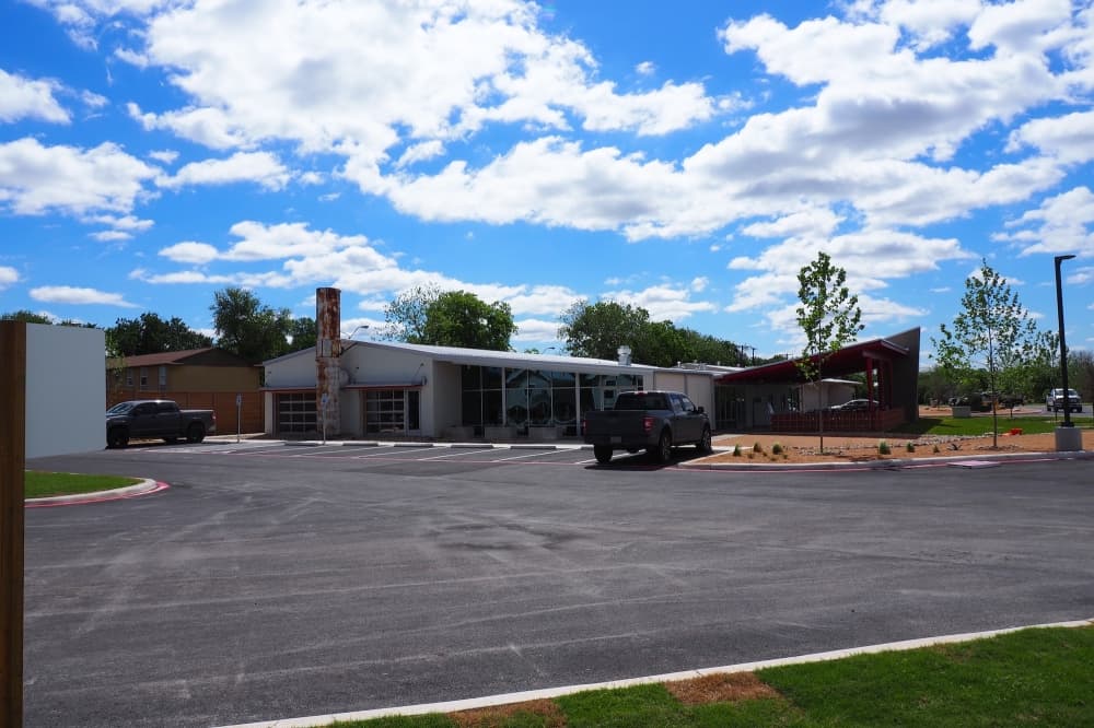 the front of the main building and restaurant/store