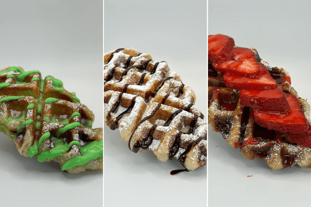 Three croffles are shown: green, black and white, and strawberry.