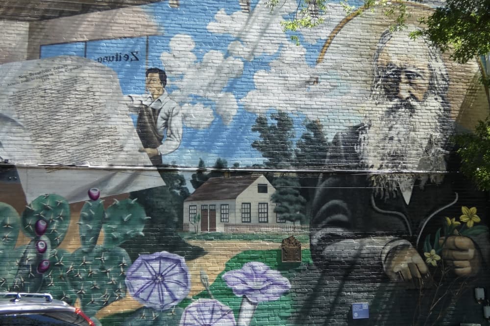 Mural of Lindheimer outside Naegelin's German Bakery. (Shaheryar Khan/Community Impact)