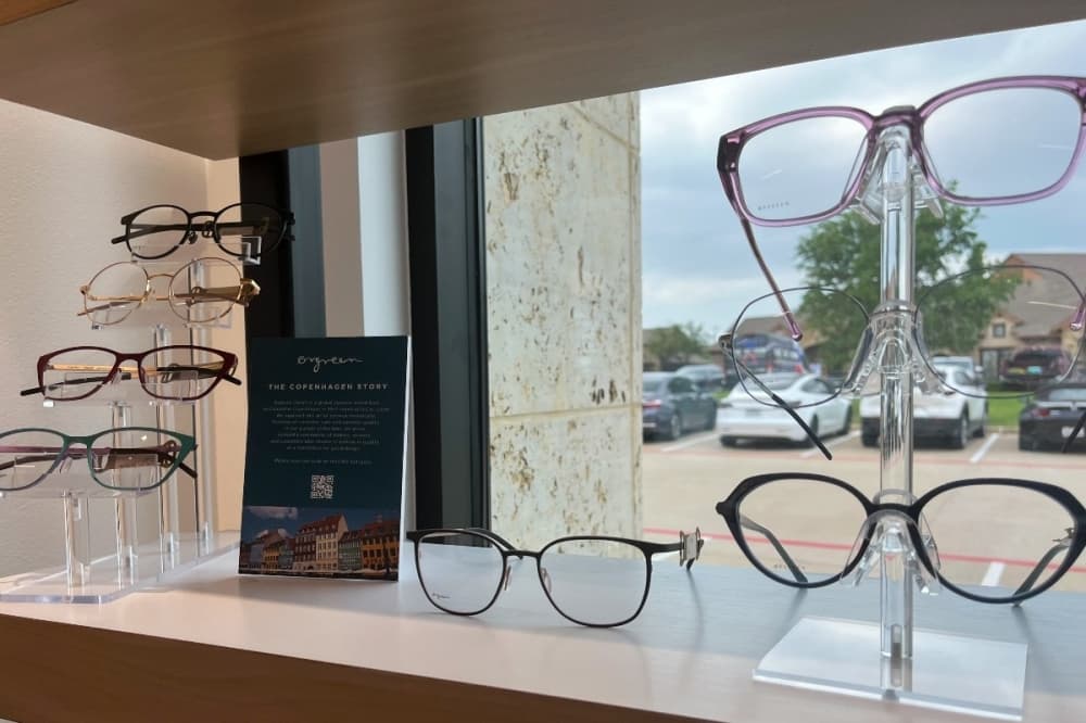 glasses on a shelf 