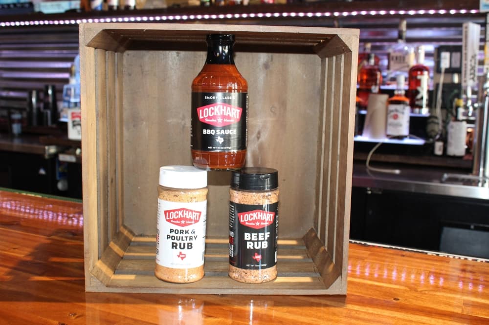 Bottles of Lockhart Smokehouse barbecue sauce and rubs.