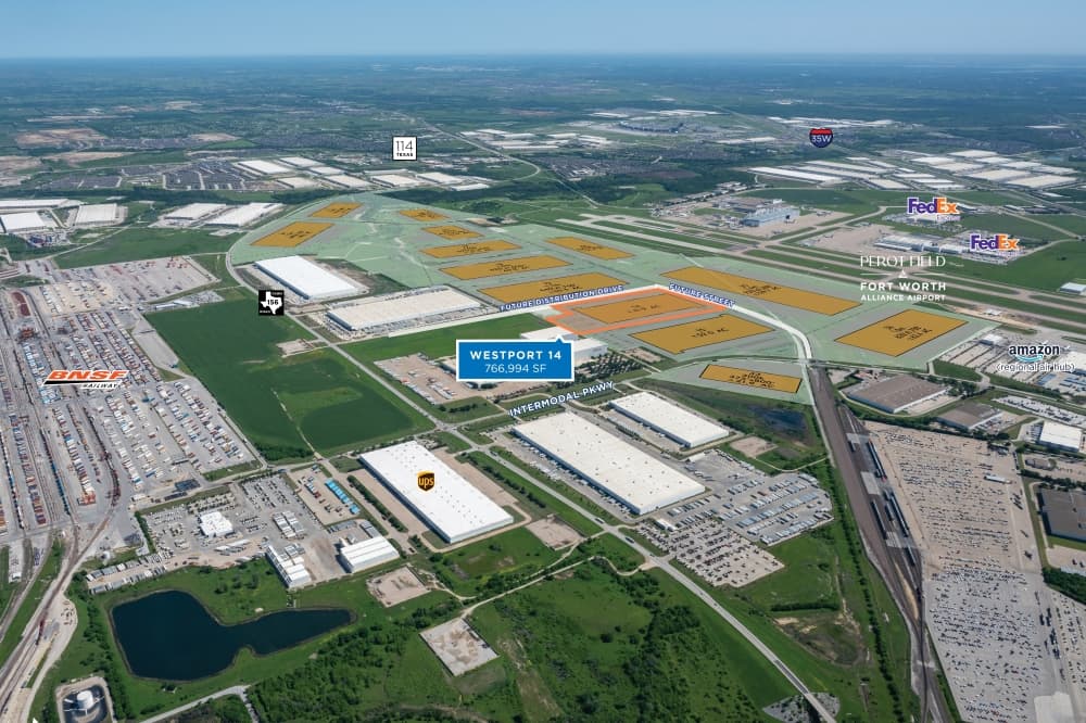 Aerial rendering with a location of the Alliance Westport 14 building in relation to other developments in the area. 