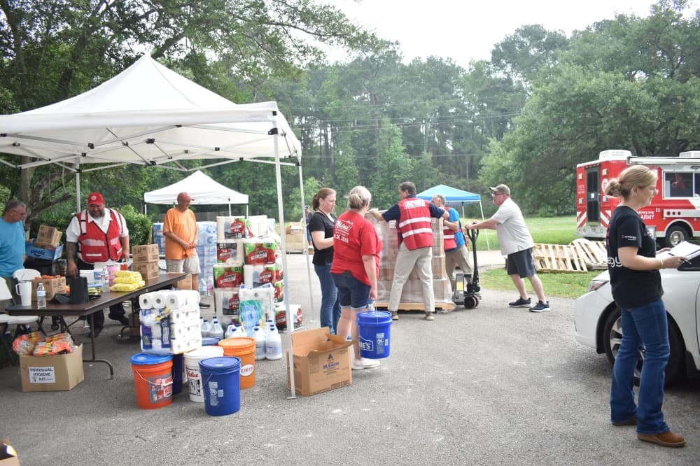 The Montgomery County Office of Homeland Security and Emergency Management, along with the Montgomery Food Bank and The Salvation Army, set up a resource site May 8-10 in River Plantation. (Lizzy Spangler/Community Impact)