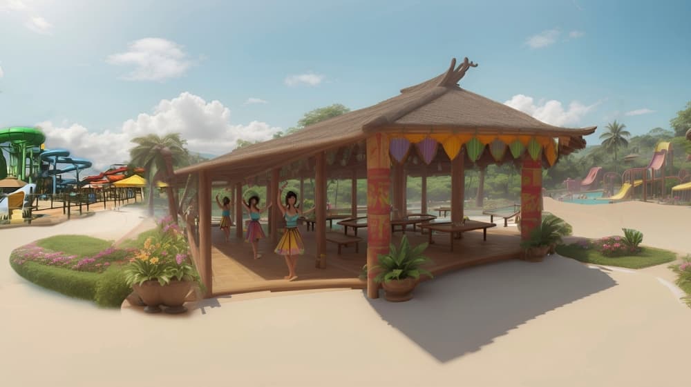 Rendering of a shade structure and hula dancers.
