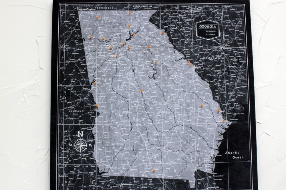 Map of Georgia with pins marking certain cities. 