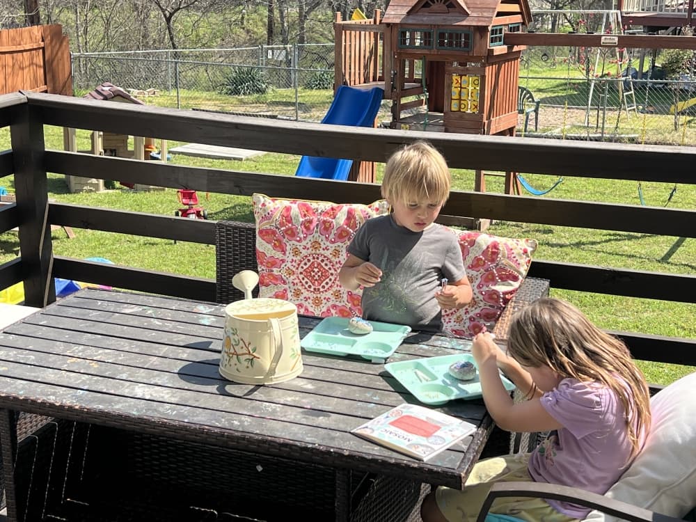 Children play outside.