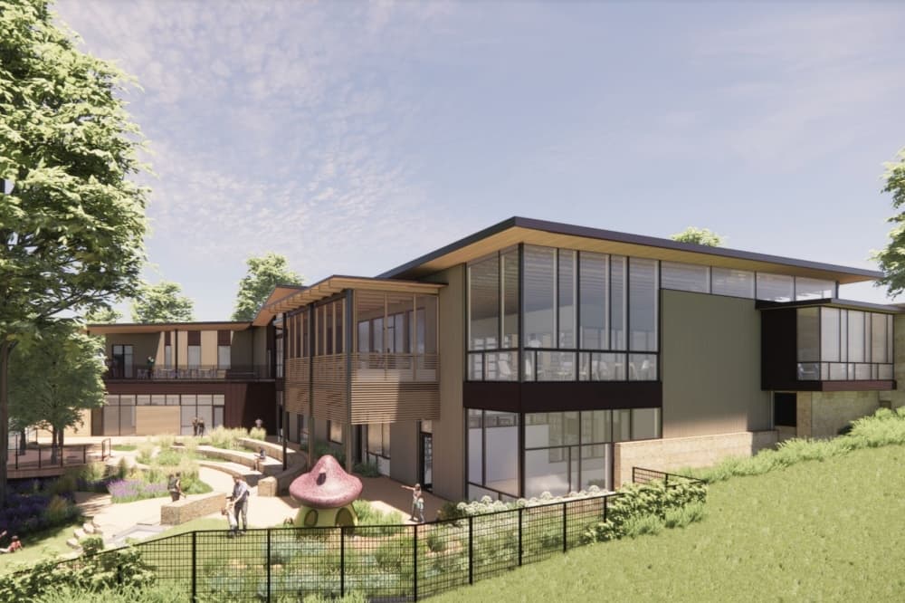 The new 25,500-square-foot building will have a "garden library" design with multiple outdoor seating and play areas connected to Bee Cave Central Park. (Rendering courtesy city of Bee Cave)