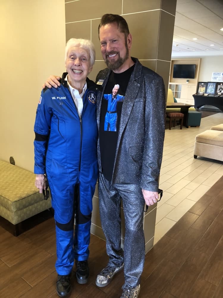 Wally Funk stands next to Blue Origin Chief of Staff Richard Houdacek to commemorate her induction into the Texas Aviation Hall of Fame April 19