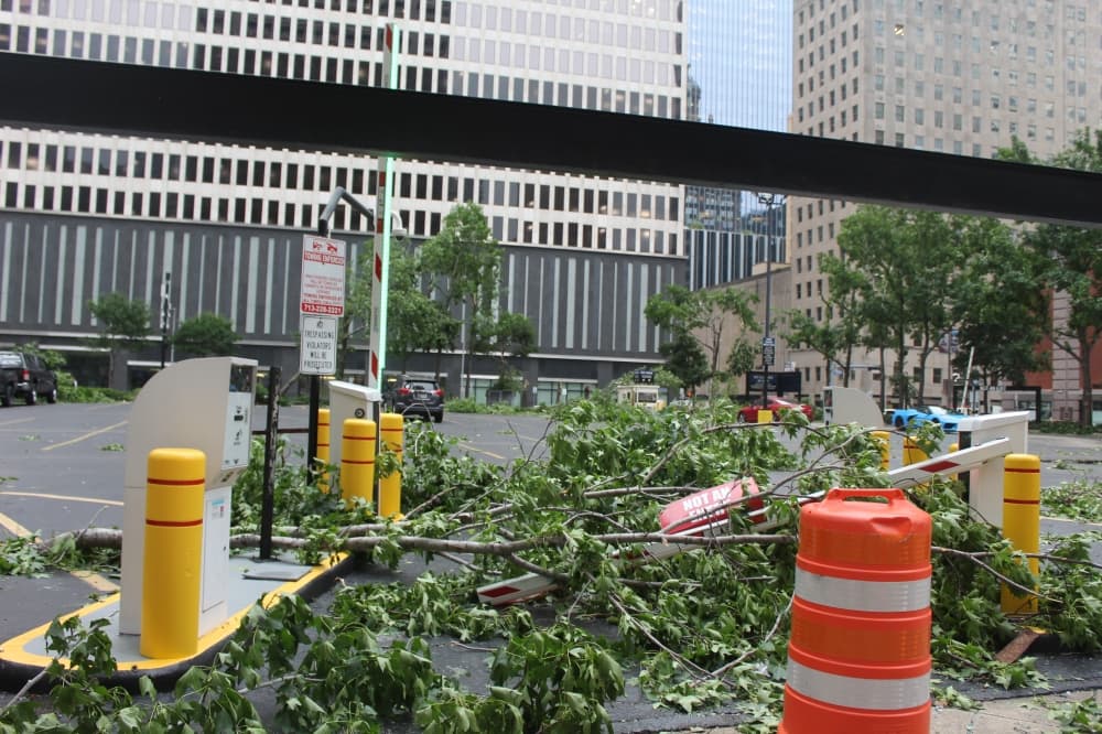 Tree debris clogs the entrance to a paid parking lot on McKinney Street. (Shawn Arrajj/Community Impact)