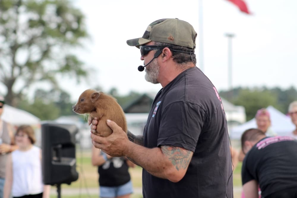 A man holds up a pig 