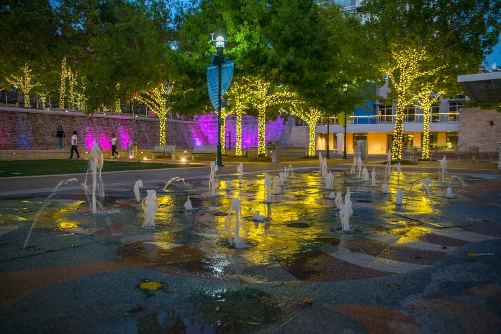 Outdoor space lit up at night