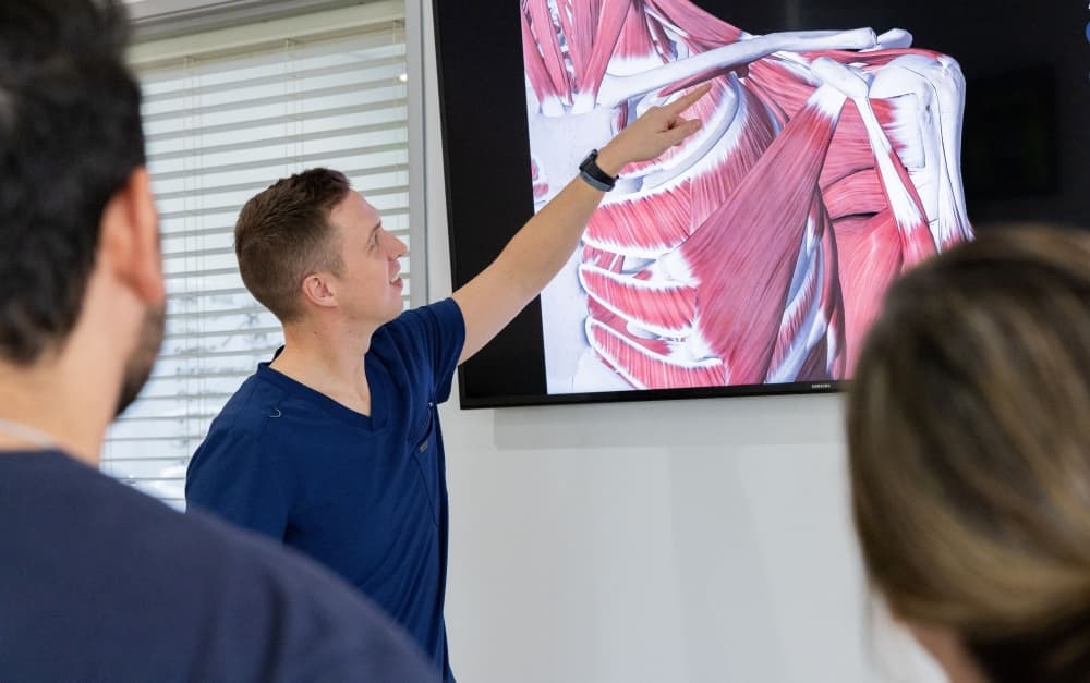 a chiropractor reviews an x-ray. 