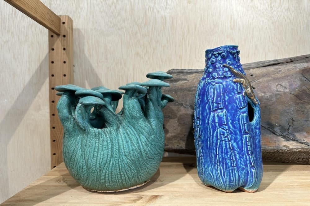 Sculptor Rick Van Dyke has unique pottery for succulents and cacti on display and available for purchase at Date Nite Gallery. (Amira Van Leeuwen/Community Impact)