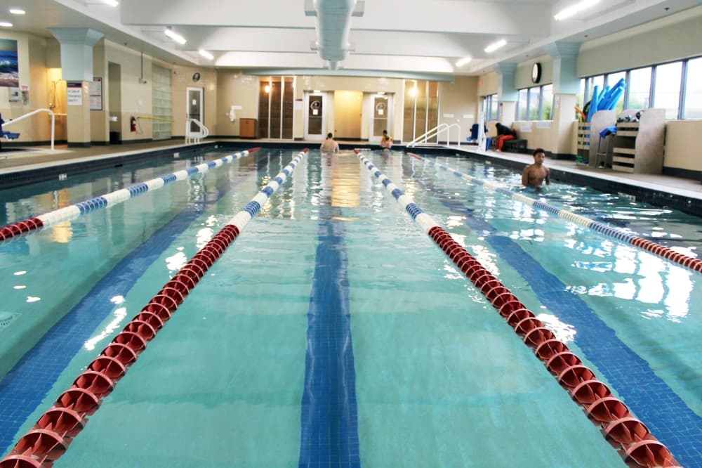 Indoor swimming pool with buoys creating lap lanes. 