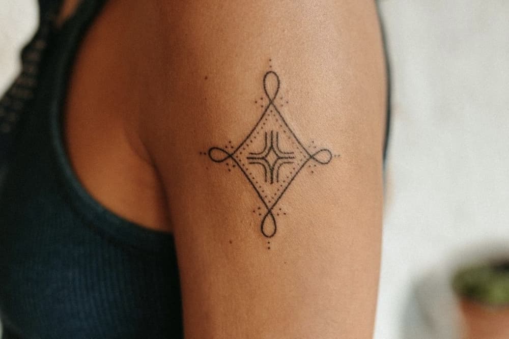 Image shows a hand poke tattoo.