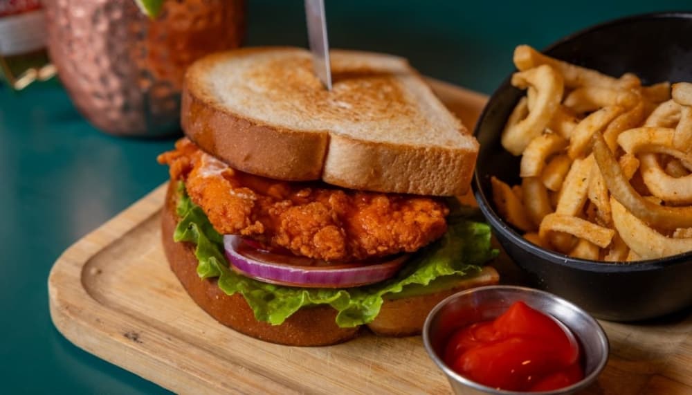 buffalo chicken sandwich with fries