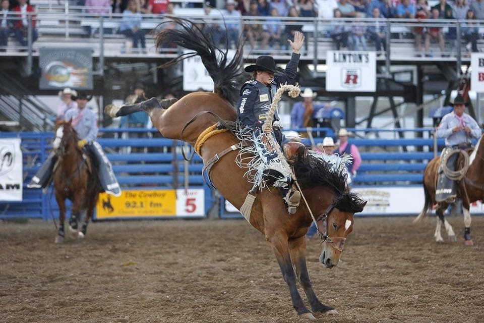 A cowboy rides a bucking horse in the arena.