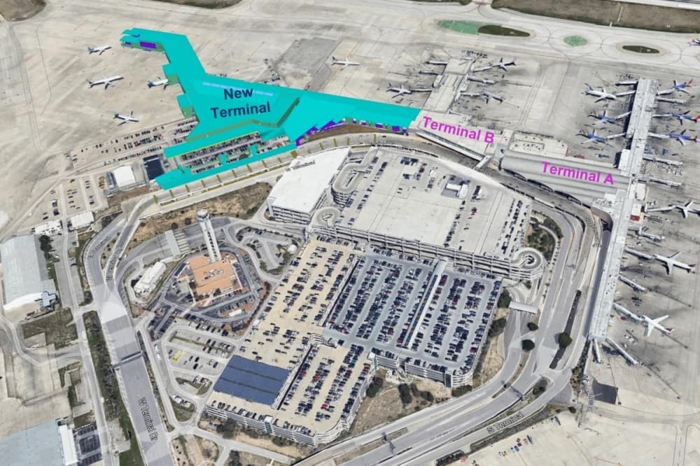 A look north at the San Antonio International Airport in this rendering shows where a third new terminal will be built as part of a multiyear expansion and improvement project at the airport. (Rendering courtesy city of San Antonio)