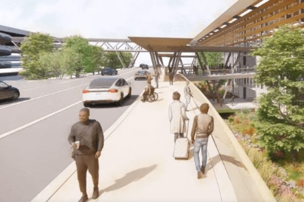 A rendering shows the exterior of a planned third terminal at the San Antonio International Airport. The city's Historic and Design Review Commission recently approved the conceptual design for the terminal. (Rendering courtesy city of San Antonio)