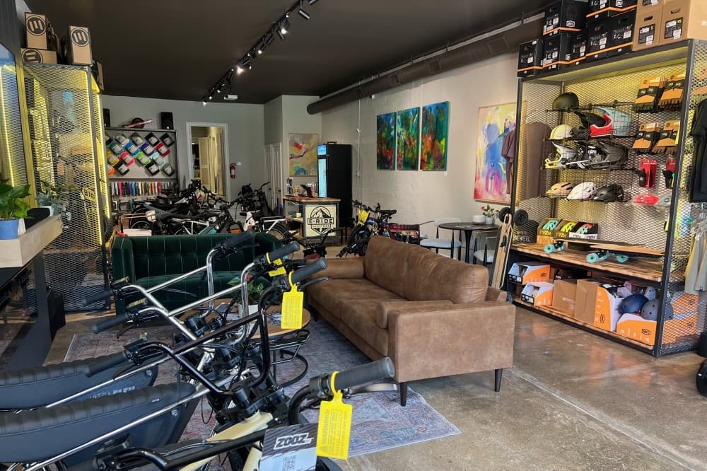E-Ride Outfitters store with bikes and shelves