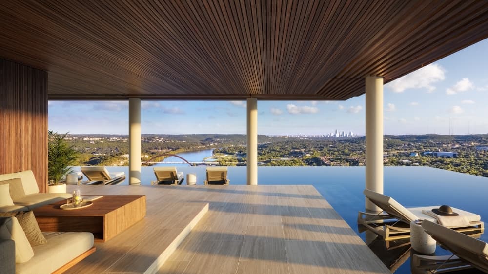 outdoor porch overlooking lake and bridge 