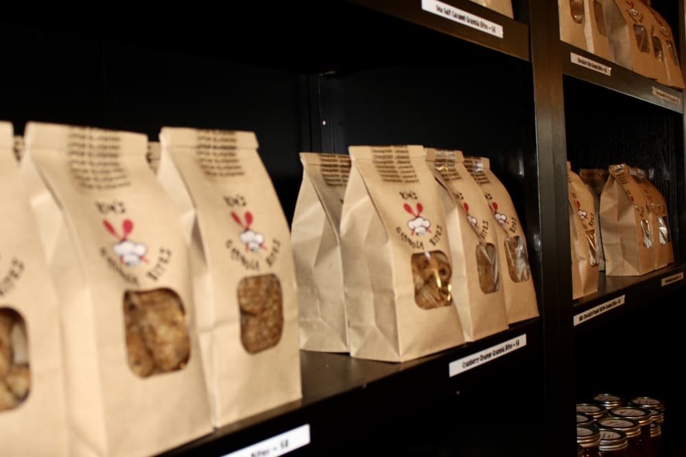 granola bites on shelves 