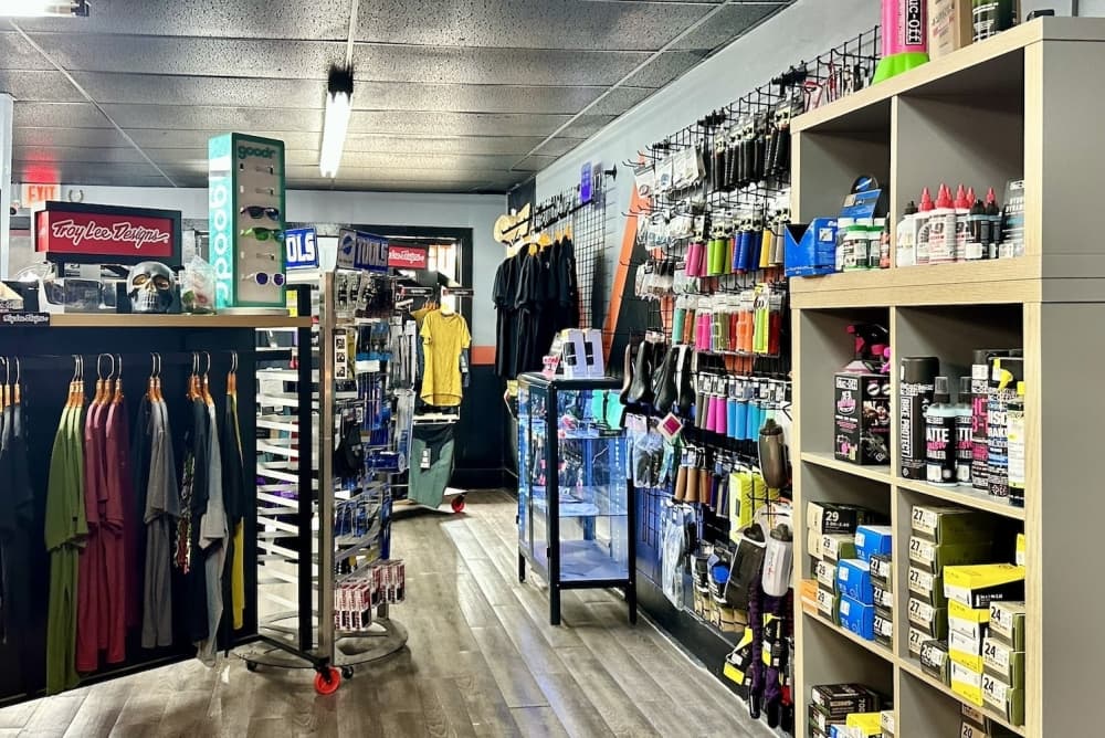 Image shows a retail area of the bike shop.