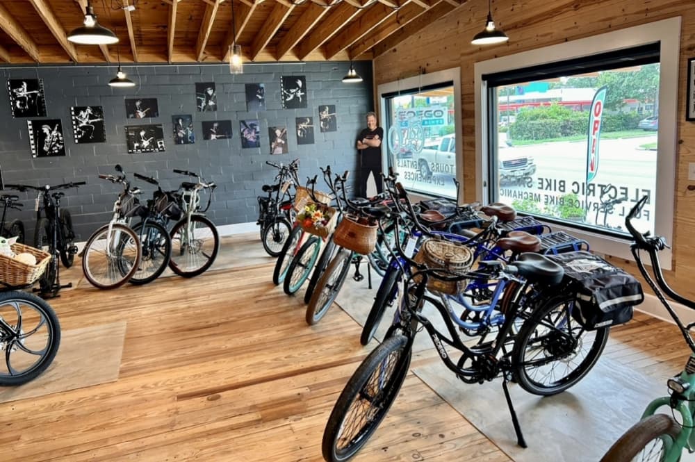 E-bikes for rent and sale at the new shop. (Shaheryar Khan/Community Impact)