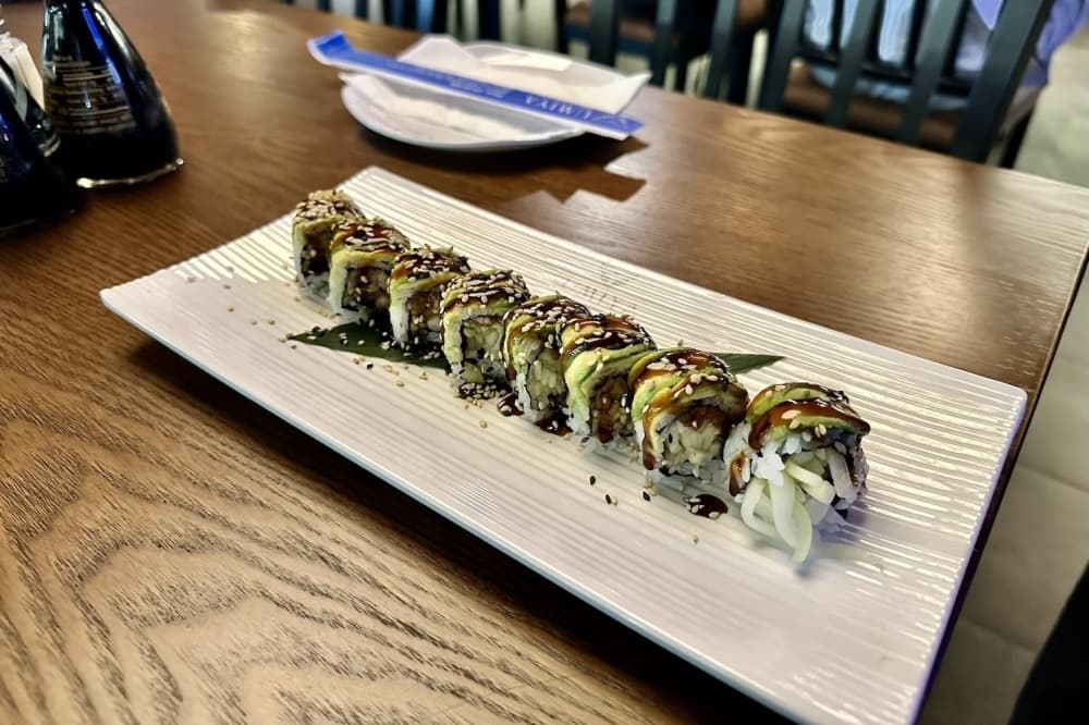 Photo shows a sushi roll.